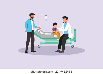 Niños, padres y doctor. El concepto de crianza de los hijos en la atención de la salud. Ilustración vectorial plana de color aislada. 