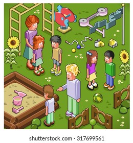 Kids with parents having fun in a garden playground (isometric view)
