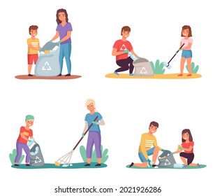 Kids With Parents Sort Garbage. Clean Up Trash Outdoor, Lay Out Color Containers, Nature Caring, Environmental Pollution. Volunteers Teamwork Caring Nature. Vector Cartoon Isolated Set