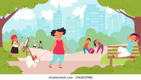 Kids park activities. Kid playground, play football and puppy outdoor. Cartoon children summer vacation, kindergarten on walk decent vector concept