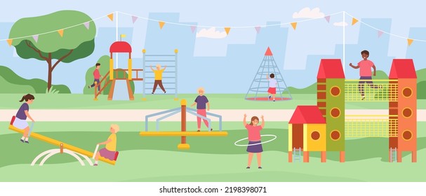 Kids park carousels, swings and game modules with slides. Vector play park and leisure, equipment outside for entertainment illustration
