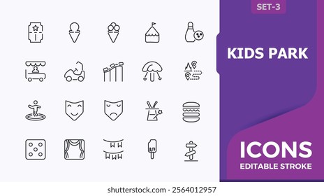 Kids Park linear icon collection. It contains symbols to amusement, kids, show, ride, attraction, ferris, cracker and more. Set of minimalist line pictogram. Editable vector stroke.