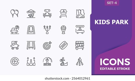 Kids Park linear icon collection. It contains symbols to amusement, kids, show, ride, attraction, ferris, cracker and more. Set of minimalist line pictogram. Editable vector stroke.