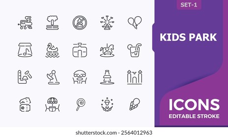 Kids Park linear icon collection. It contains symbols to amusement, kids, show, ride, attraction, ferris, cracker and more. Set of minimalist line pictogram. Editable vector stroke.