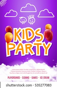 Kids party art flyer design. Balloons design poster template. Preschool Kids fun event, lovely birthday celebration flyer. Kids show greeting