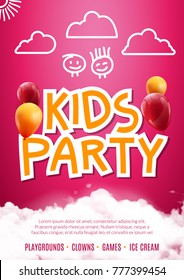 Kids party art flyer design. Balloons design poster template. Preschool Kids fun event, lovely birthday celebration flyer. Kids show greeting.