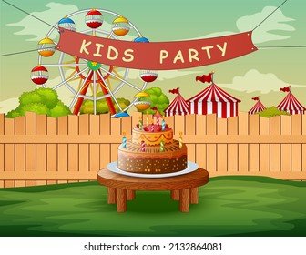 Kids party background and birthday cake on backyard