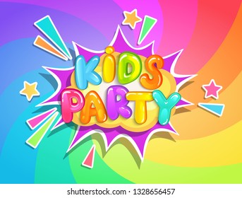 Kids party banner on rainbow swirl spiral background in cartoon style. Place for fun and play, kids game room for birthday party. Poster for children's playroom decoration. Vector illustration.