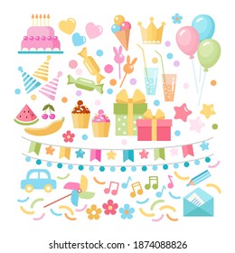 Kids party and celebration design elements: cake, gift, toy, sweets, fruits, food.  Vector set flat illustration