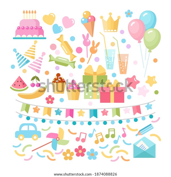 Kids party\
and celebration design elements: cake, gift, toy, sweets, fruits,\
food.  Vector set flat\
illustration