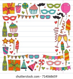 Kids party Children drawing Birthday party with balloons, mask, gifts, food, cupcakes Doodle set with vector icons