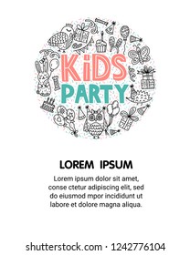 Kids party. Circle concept illustration with doodles and lettering. Place for your text