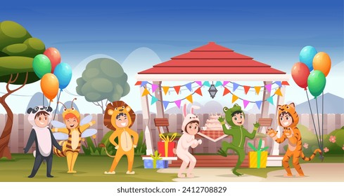 Kids party. Costume party people wearing animal clothes exact vector cartoon background