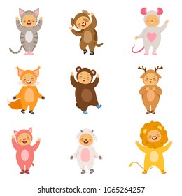 Kids party costumes of funny cartoon animals. Vector pictures isolate on white. Illustration of costume animal, happy child