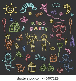 Kids party doodles for the design of children  parties, birthdays, posters, invitations, childrens textiles. Vector illustration.