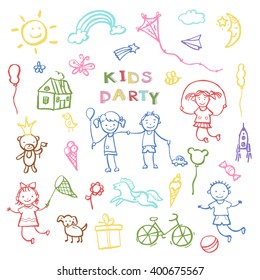 Kids party doodles for the design of childrens parties, birthdays, posters, invitations,  textiles. Vector illustration.