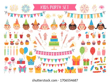 Kids party elements set. Flat birthday collection of colorful balloons, flags, confetti, cupcakes, gifts, bows. Vector illustration