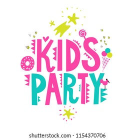 Kids party emblem with cute elements. Hand drawn inscription Kids party and ice cream, bird, star, comet, heart. Party template design. Vector illustration