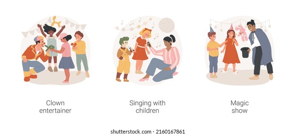 Kids Party Entertainers Isolated Cartoon Vector Illustration Set. Invite Clown Entertainer, Singing With Children, Karaoke Birthday Celebration, Kid Watch Magic Show, Magician Trick Vector Cartoon.