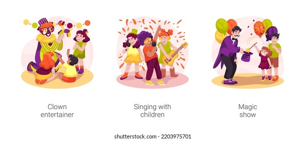 Kids Party Entertainers Isolated Cartoon Vector Illustration Set. Invite Clown Entertainer, Singing With Children, Karaoke Birthday Celebration, Kid Watch Magic Show, Magician Trick Vector Cartoon.
