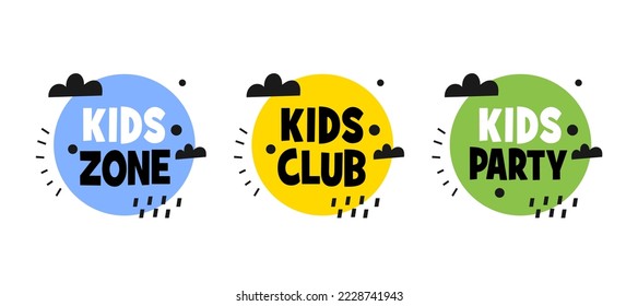 Kids Party entertainment text set. Kids, Room, Club and Party vector lettering in cartoon style