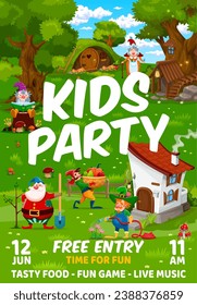 Kids party flyer with cartoon fairytale funny gnomes at village. Vector poster of cute gardener gnomes, reader dwarf and aviculturists elf characters with beards and hats, magic forest tree houses