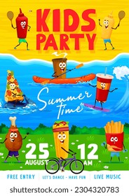 Kids party flyer. Cartoon funny fastfood characters on summer vacation. Holiday vector poster with sauce, coffee, pizza, soda and burrito, fries funny personage canoeing, cycling and play badminton