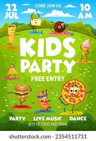 Kids party flyer with cartoon funny fast food characters on yoga, vector event poster. Kids party entertainment invitation and entry flyer with pizza, cheeseburger, hot dog or burrito on fitness sport