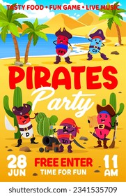 Kids party flyer with cartoon pirate characters. Vector poster, invitation for entertainment with P, Zn, I and Fe or Ca supplements, vitamins and micronutrient filibuster personages on treasure island