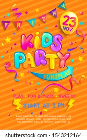 Kids party flyer with confetti,serpentine sparkles for greetings,invitations for parties.Place for fun and play, kids game room for birthday party.Poster for children's playroom decor.Vector