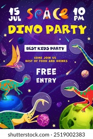 Kids party flyer with dinosaur astronaut characters in outer space. Vector invitation poster promoting children event with cartoon, funny and playful dino cosmonauts in helmets, planets and stars