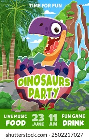 Volante de fiesta para niños con divertido dino en cáscara de huevo y fondo de Vector de naturaleza de bosque jurásico, palmeras tropicales, montañas y cascadas. Cartel de dibujos animados de fiesta de dinosaurio con personaje de bebé dino