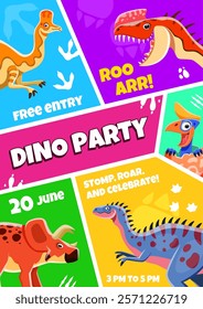 Kids party flyer with funny dino characters. Vector invitation designed as colorful collage with funny prehistoric dinosaur animals and event details. Poster inviting kids to celebration or attraction