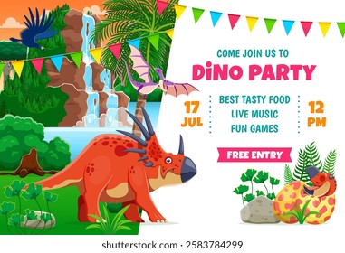 Kids party flyer with funny prehistoric dinosaurs characters and bunting flags. Dino party vector banner with cartoon dinosaur animals and baby in egg. Cute styracosaurus, pteranodon, argentavis dinos