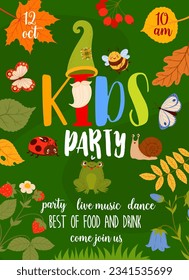 Kids party flyer. Gnome items, autumn leaves and garden tools. Vector vertical invitation poster with cute dwarven hats, frog, butterfly and bee. Tree branches, ladybug, strawberry and funny snail