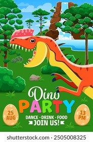 Folleto de fiesta para niños con huevos de dinosaurio y dinosaurio de dibujos animados prehistóricos, póster de Vector. Volante de invitación de fiesta para cumpleaños o entretenimiento musical y evento de verano con divertido dinosaurio en el parque jurásico