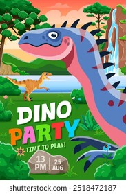 Folleto de fiesta para niños con dinosaurios de dibujos animados prehistóricos. Plantilla de cartel de invitación de cumpleaños con temática de dinosaurio de Vector con divertidos personajes de reptiles alectrosaurus y velociraptor cerca de la cascada jurásica