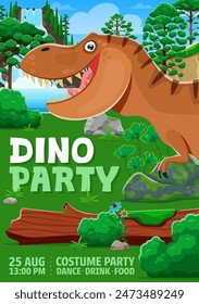 Kids party flyer with t rex dinosaur cartoon character. Vector invitation poster for birthday celebration, with Jurassic period Tyrannosaur dino monster offering fun, games, and prehistoric adventures