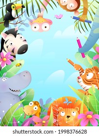 Kids Party Greeting Card With Jungle Animals Celebrating, Jungle Frame With Copyspace. African Zoo And Safari Animals Invitation Or Greeting Card. Kids Vector Cartoon Illustration In Watercolor Style.