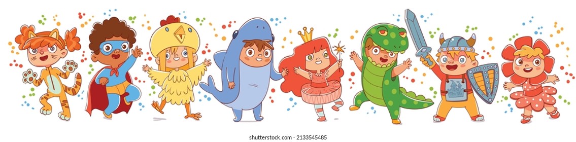 Kids party. Halloween costume. Childrens Masquerade. Colorful cartoon characters. Funny vector illustration. Isolated on white background. Seamless panorama