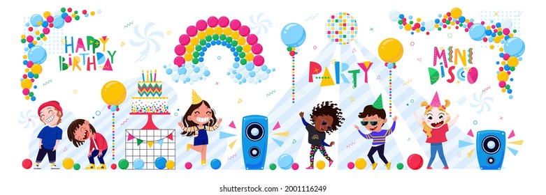 Kids party illustration set in bright colours. Includes six child characters, balloon decorations, text elements, disco ball, music columns, birthday cake. Good for childish festive designs.