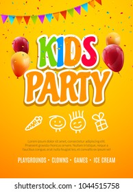 Kids Party Invitation Design Template. Child Celebrating Fun Flyer Poster Banner Decoration For Kids.