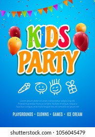 Kids Party Invitation Design Template. Child Celebrating Fun Flyer Poster Banner Decoration For Kids.