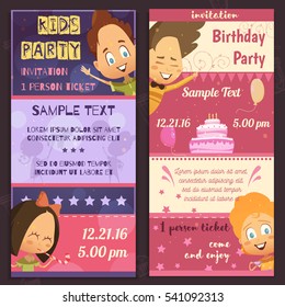 Kids party invitation layout vertical banners with glad children faces birthday cake and places for sample text flat vector illustration
