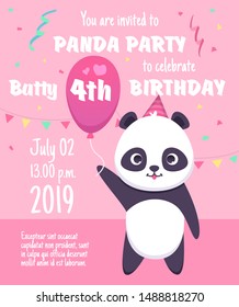 Kids party invitation. Panda characters greeting cards with cute little bear animals party celebration placard vector template