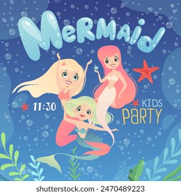 Kids party invitation. Placard with happy little mermaid characters invitation banner template with place for text