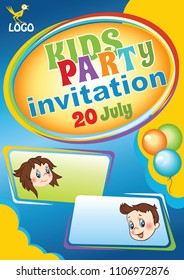 Kids Party invitation template, Baby birthday flyer, Kids event template, vector colorful cartoon background