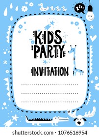 Kids party invitation template with cute animals and elements. Crocodile, giraffe, flowers, drops, duck with ducklings, light bulb, stars in cartoon style. Cute frame, border. Vector illustration