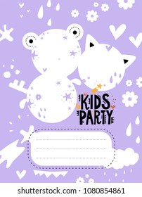 Kids party invitation template with cute animals and elements. Vector illustration isolated