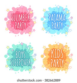 Kids party logo. Four badges for kids party in the spot shape. Vector clip art illustration on a white background.